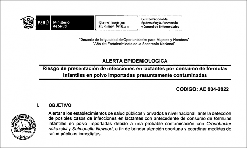 Riesgo de infecciones en lactantes por consumo de formulas infantiles en polvo importadas presuntamente contaminadas