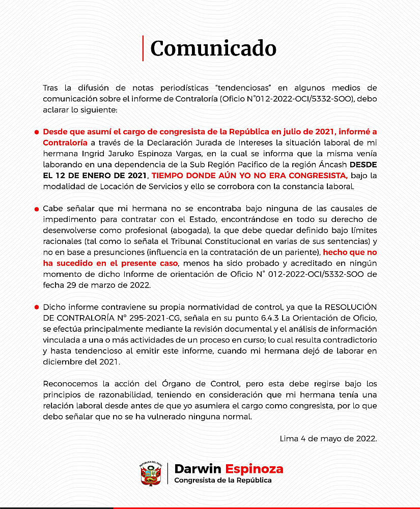 Congresísta Darwin Espinoza señala de contradictorio y tendencioso informe de la Contraloría General de la República