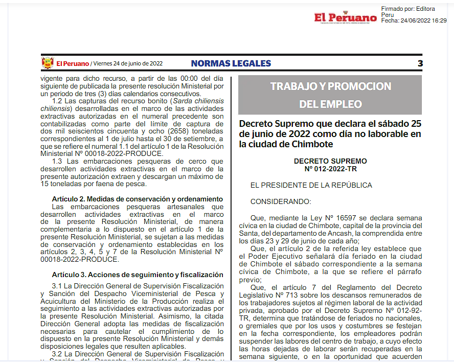 Chimbote: Gobierno declara día no laborable el 25 de junio