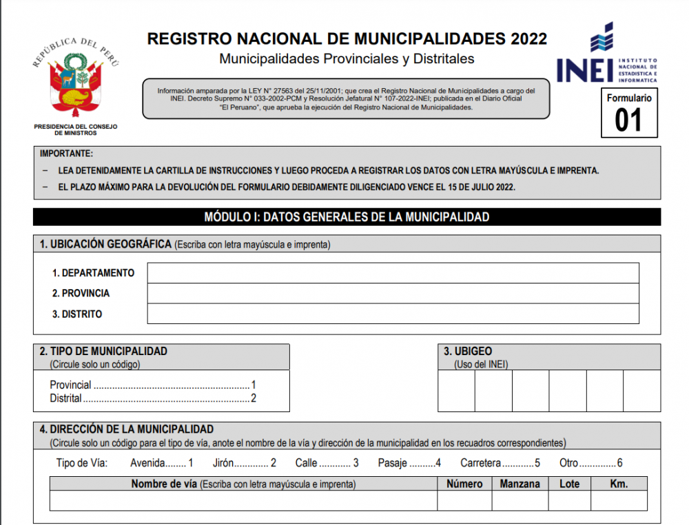 INEI amplía plazo para entregar información al registro nacional de municipalidades 2022 hasta el 05 de agosto del presente año