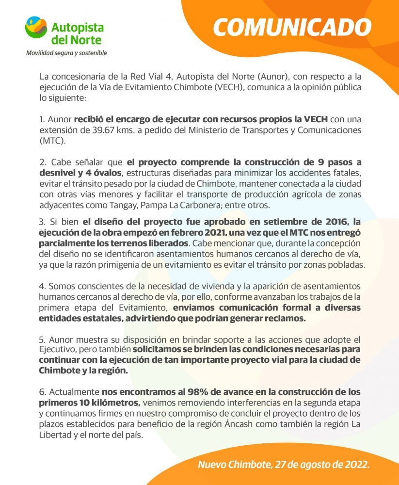 Autopista del Norte emite comunicado sobre el proyecto de la Vía de Evitamiento de Chimbote