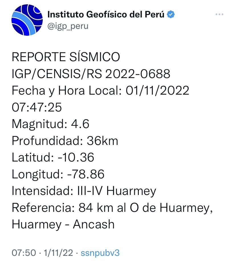 Sismo de magnitud 4.6 en Huarmey se sintió en Chimbote