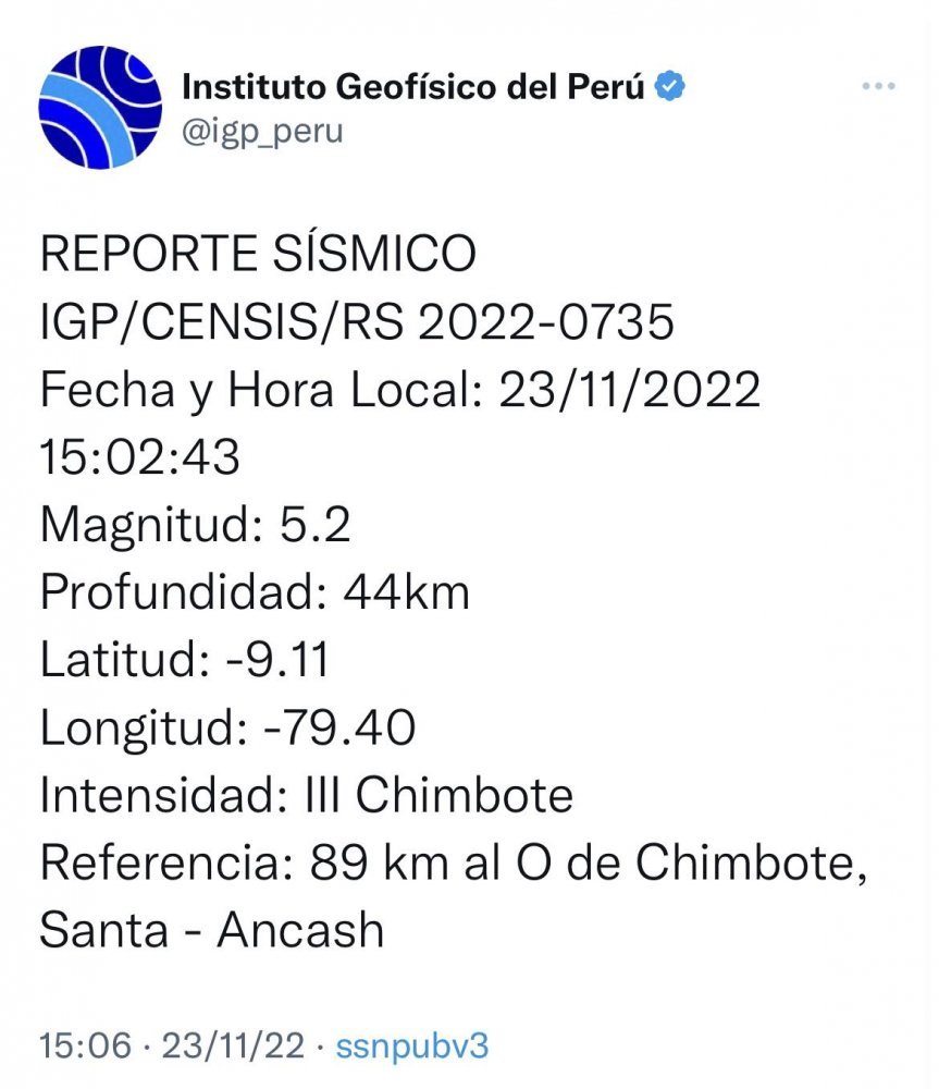 Fuerte sismo de 5.2 con epicentro en Chimbote