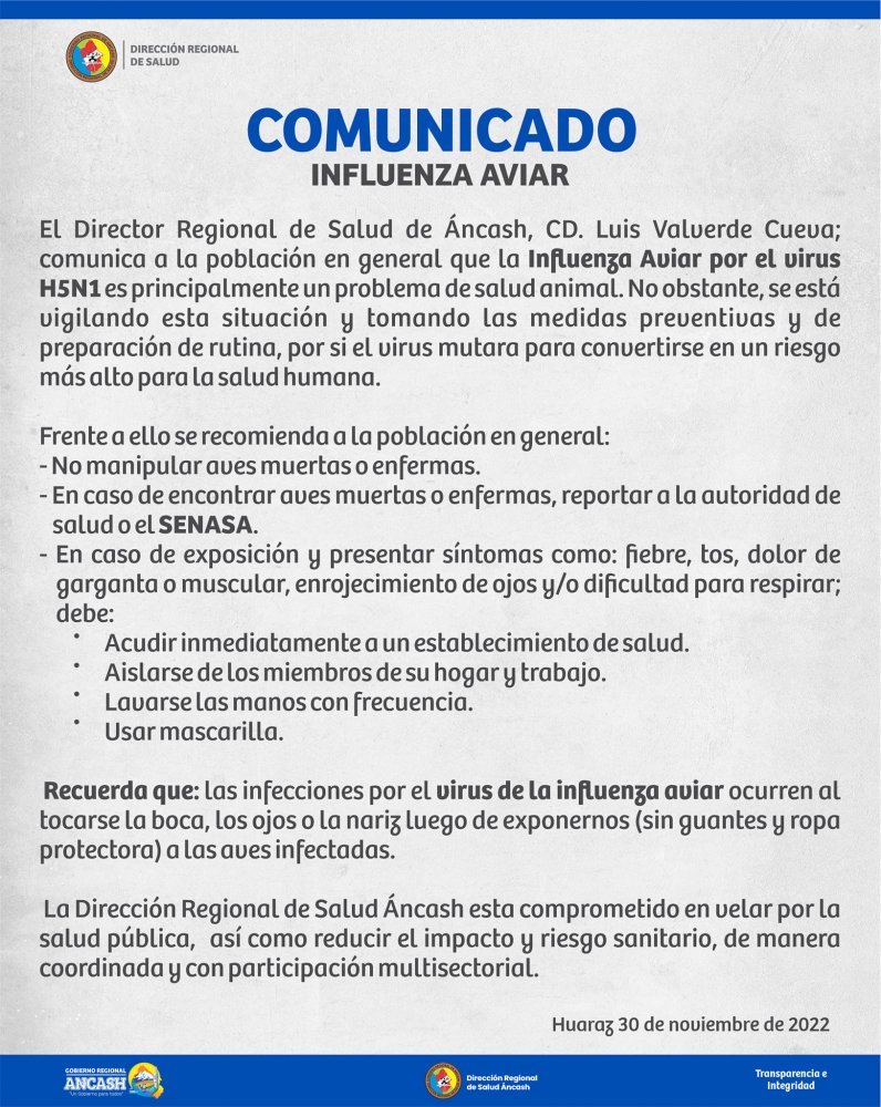 Huaraz: Comunicado Influenza Aviar
