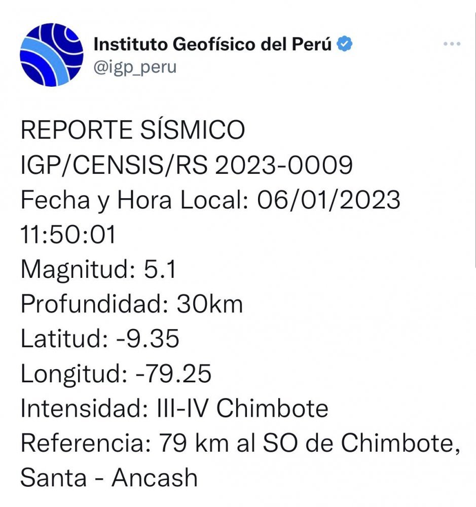 Temblor de 5.1 grados se registra en Chimbote
