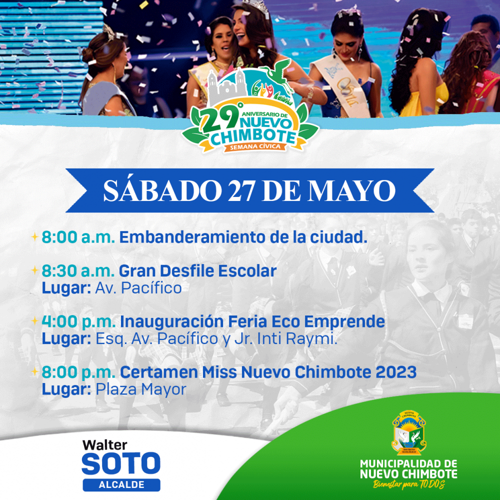 Actividades por el 29 aniversario de Nuevo Chimbote con desfile escolar, certamen de belleza y más