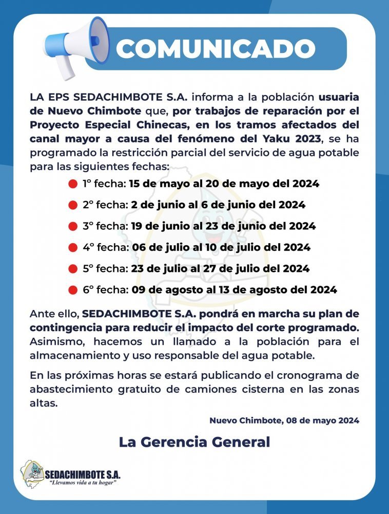 Nuevo Chimbote: restricción del servicio de agua potable