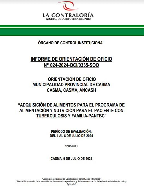 Contraloría advierte riesgos en adquisición de alimentos para programa de apoyo a pacientes con TBC en Casma