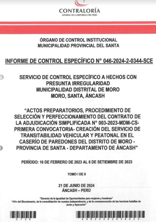 Contraloría detectó irregularidades en buena pro para obra vial en Paredones que ejecutó Municipalidad Distrital de Moro en el 2023