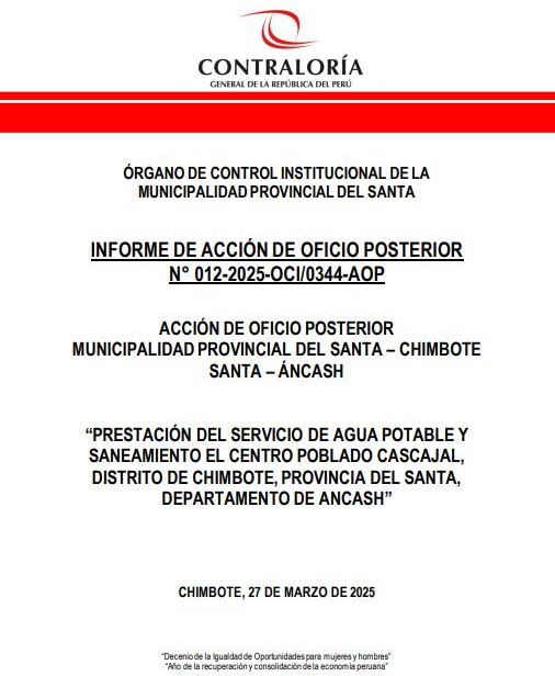 Contraloría determinó deficiente administración del servicio de agua potable en centro poblado de Chimbote