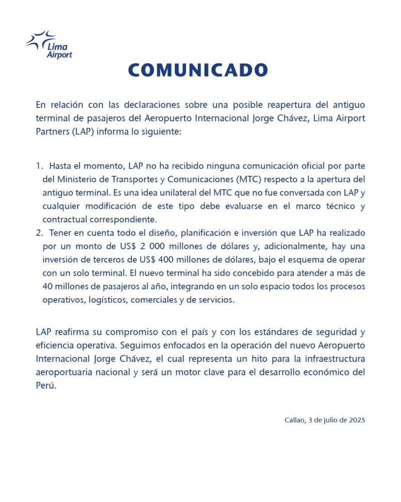 MTC anuncia que se evalúa reabrir el antiguo terminal de pasajeros del Aeropuerto Jorge Chávez