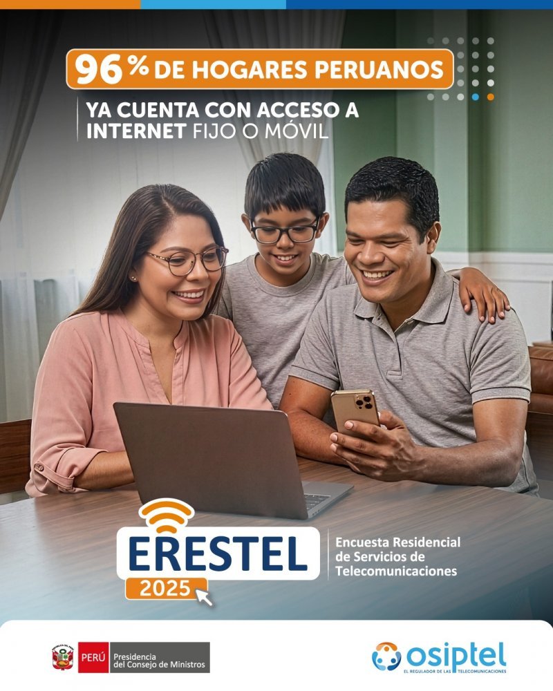 Erestel 2025: aumenta a 96 % los hogares peruanos que tienen acceso a internet fijo o móvil